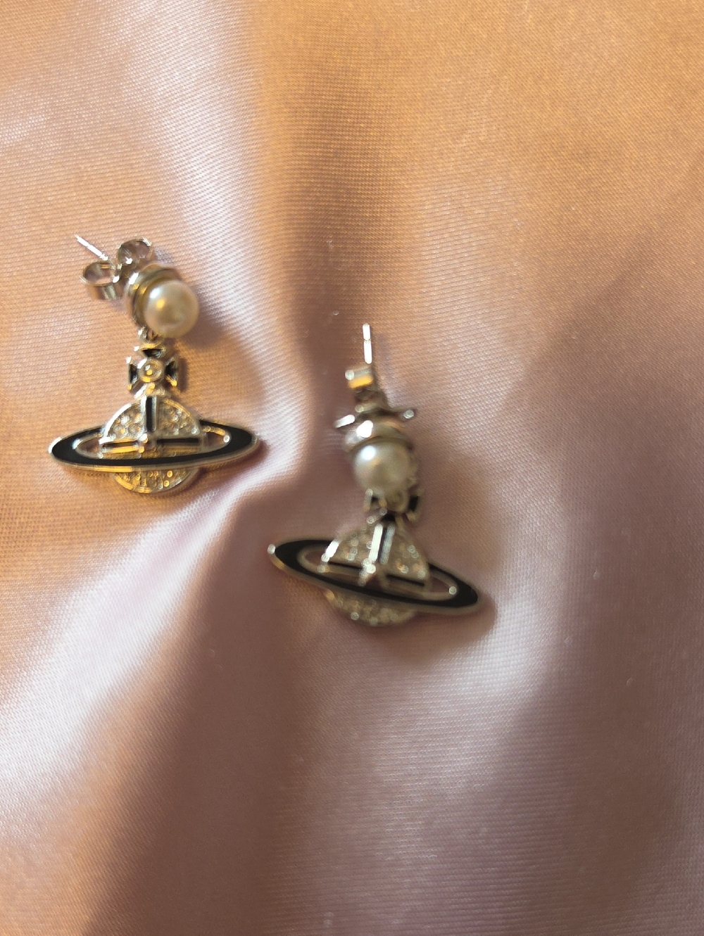 Vivienne Westwood Silver Orb Drop Earrings with Black Enamel and Pearl